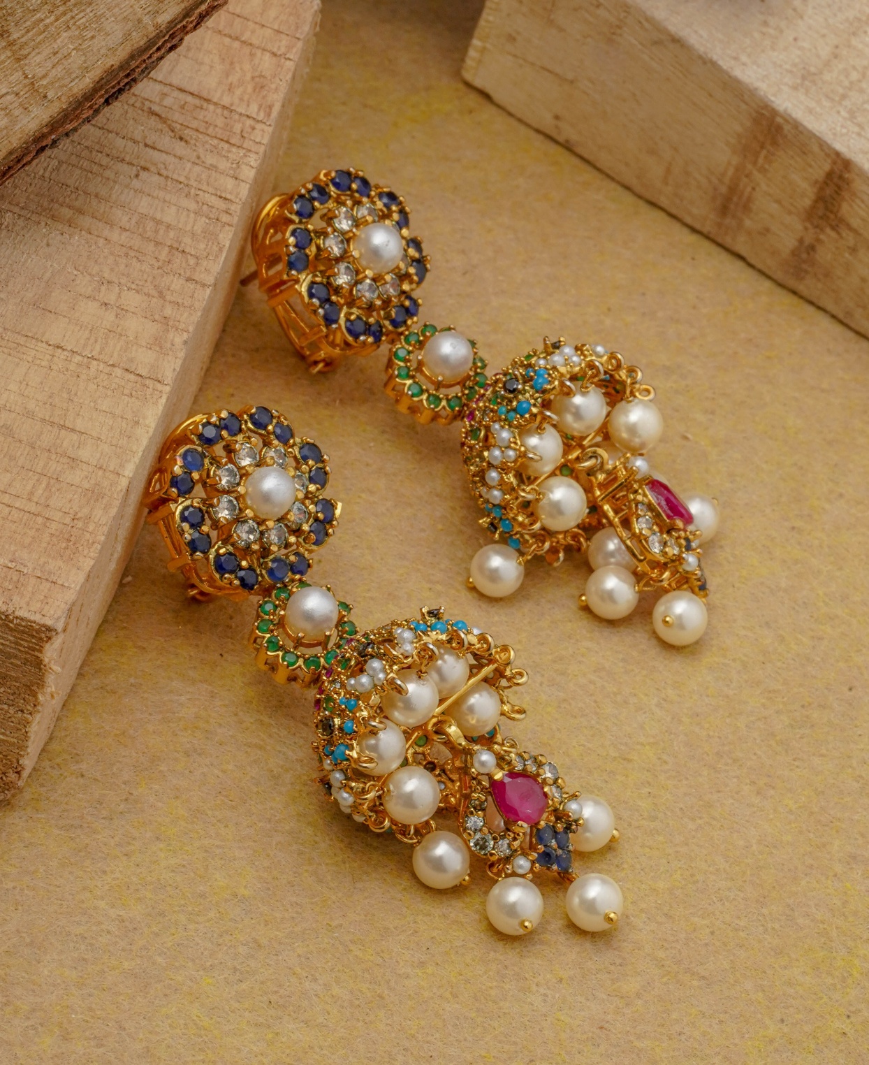 Naurattan Polki Pearl Jhumkas