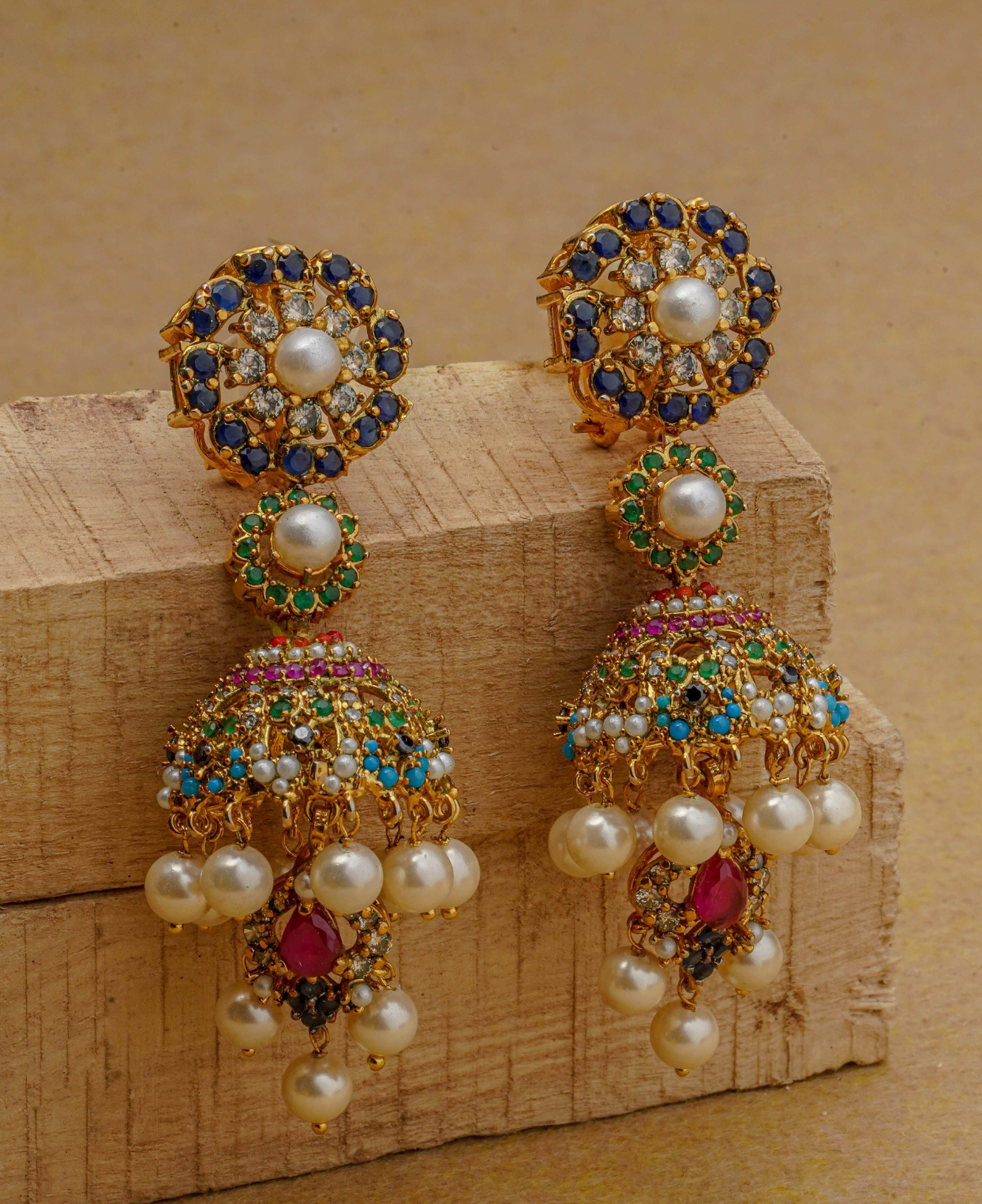 Naurattan Polki Pearl Jhumkas