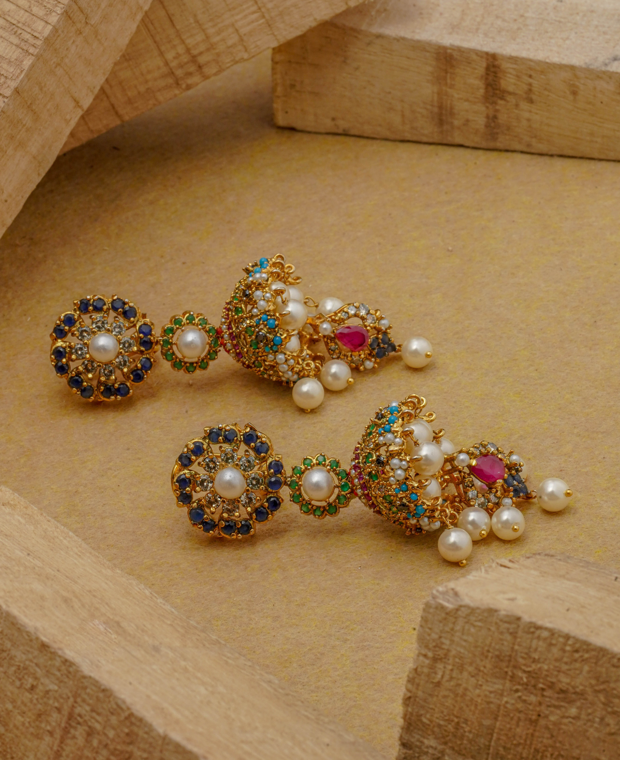 Naurattan Polki Pearl Jhumkas